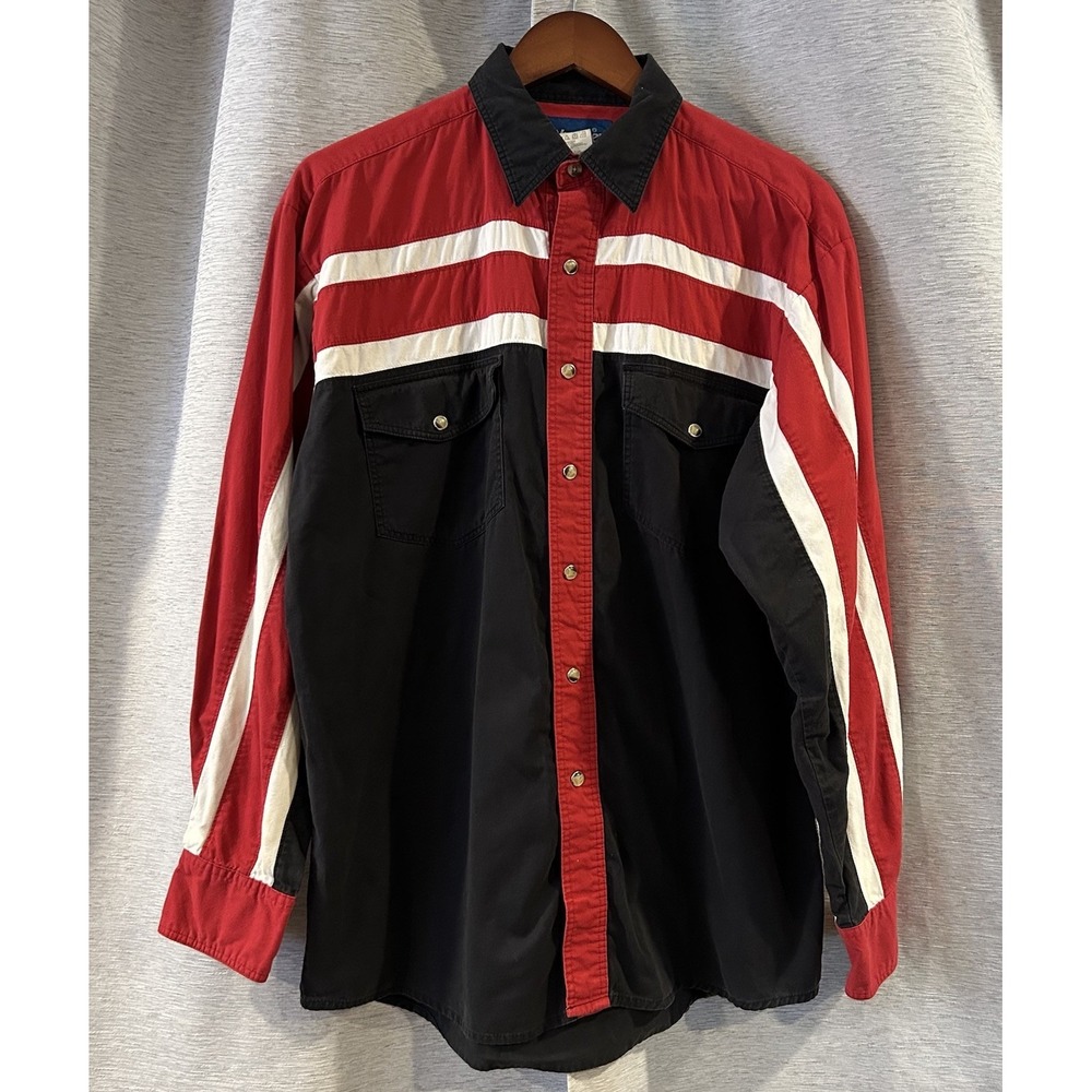 Vintage Wrangler Western Shirt Mens M Red Black White Pearl Snap Rodeo Cowboy
